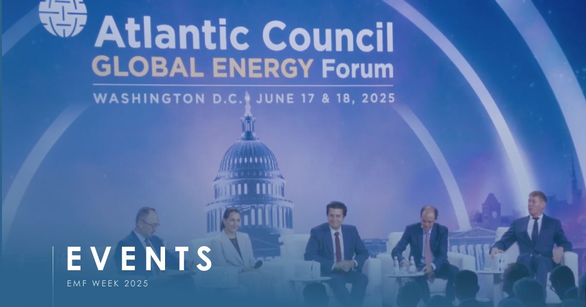 Panel on stage at the Atlantic Council Global Energy Forum, Washington DC, card marked EMF Week 2025