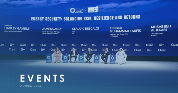 ADIPEC 2025 panel on stage titled Energy Security: Balancing Risk, Resilience and Returns