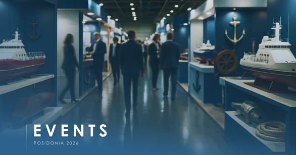 Visitors walking a maritime trade fair aisle lined with ship models and anchors, captioned Posidonia 2026