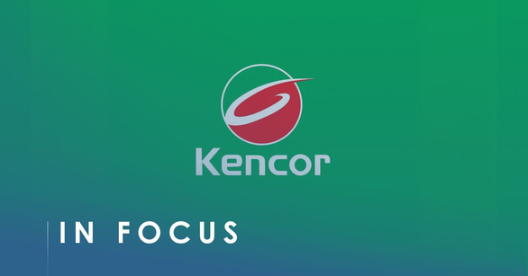 Kencor logo: a red sphere crossed by a silver swoosh on a green gradient background